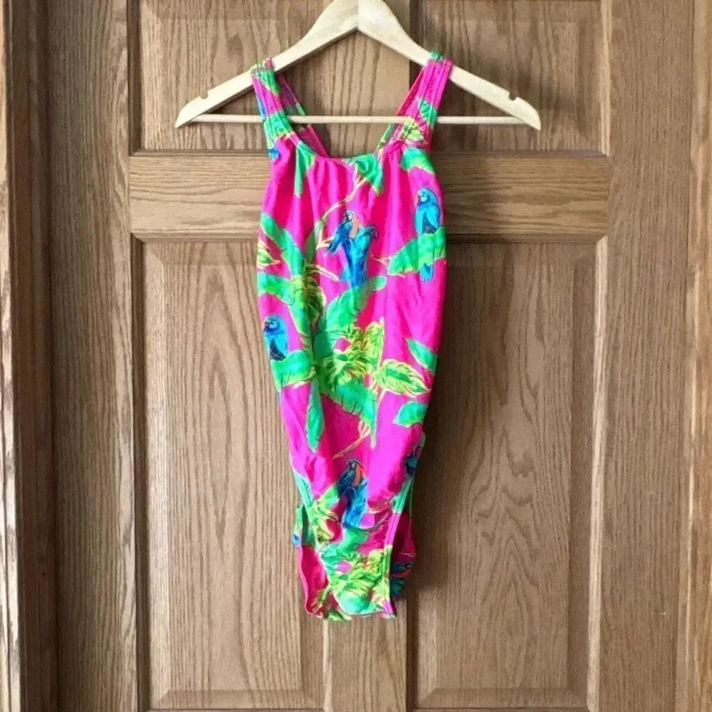 SPEEDO Vintage 80s 90s Neon Pink Tropical Parrot Print Cutout Back Swimsuit *NWO